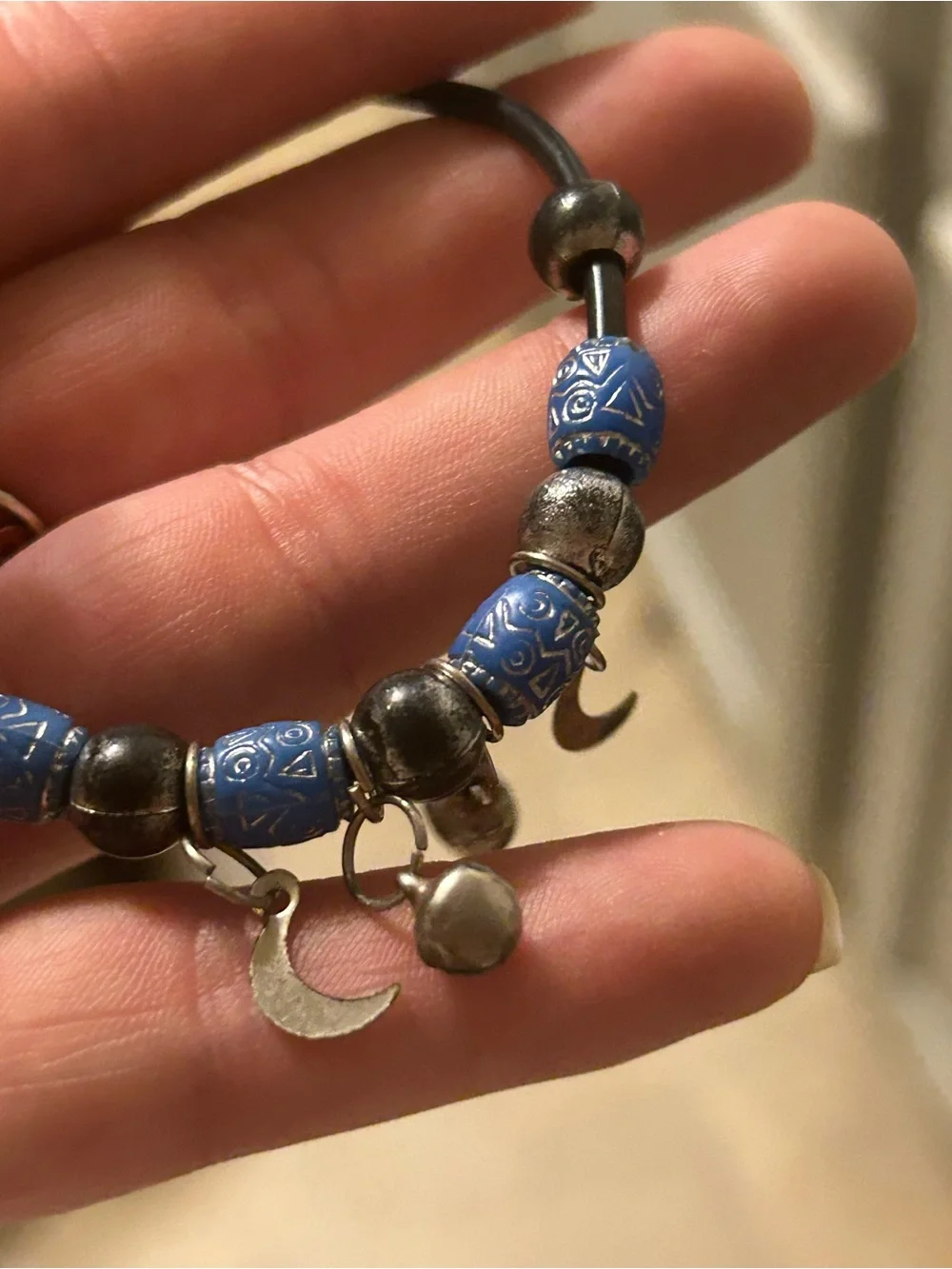 Vintage Blue Beaded Moon Charm Bracelet Tribal Beads - Women’s Jewelry